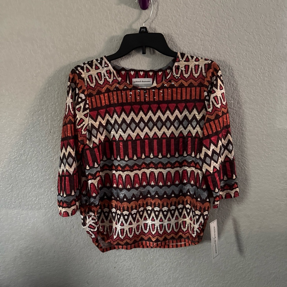 Alfred Dunner Red, Rust & Cream Geometric Short Sleeve Top